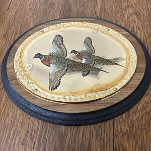 Vintage Embossed Brass Wall Plaque Of Pheasants In Flight On A Wooden Base